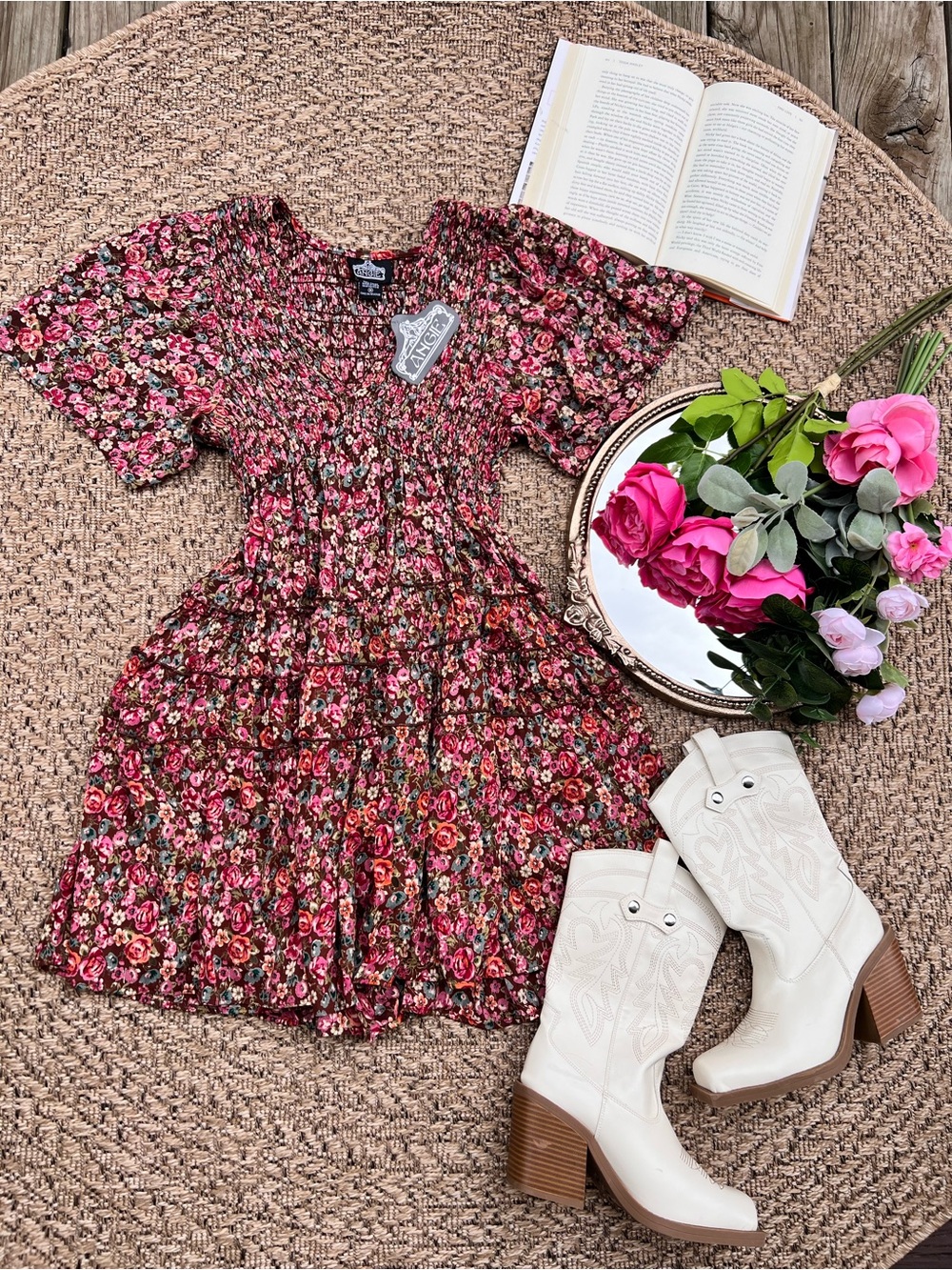 Angie Pink Floral Smocked Tiered Mini Dress